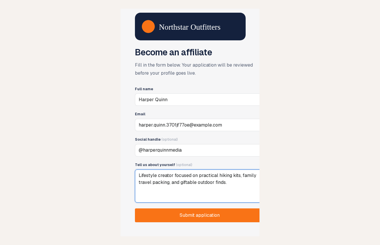 Public affiliate signup form on a Shopify storefront